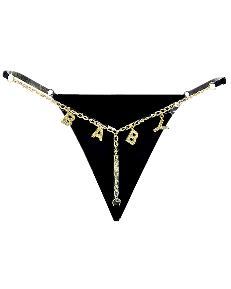 Braguita sexy amb cadena daurada i lletres de strass