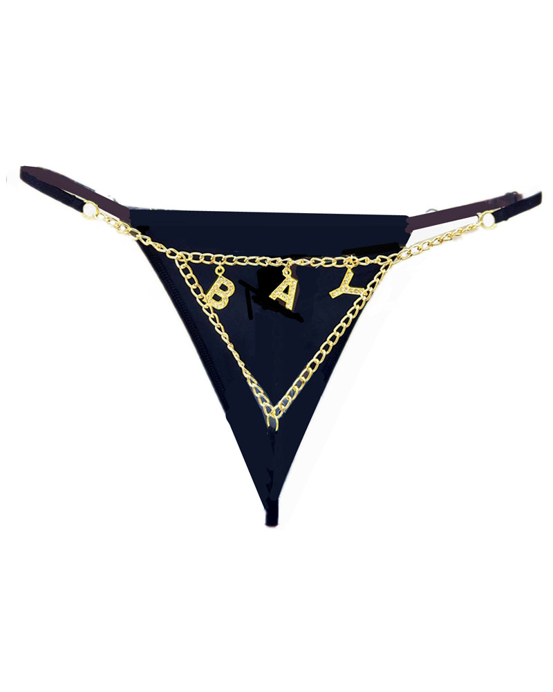 Braguita sexy amb cadena daurada i lletres de strass