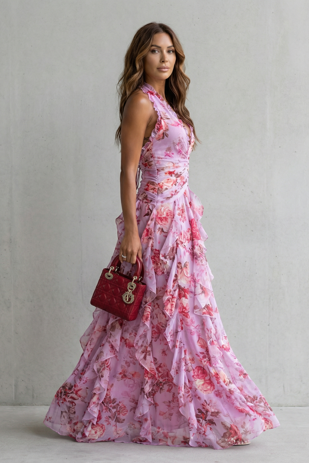 Robe longue à fleurs avec encolure dos nu
