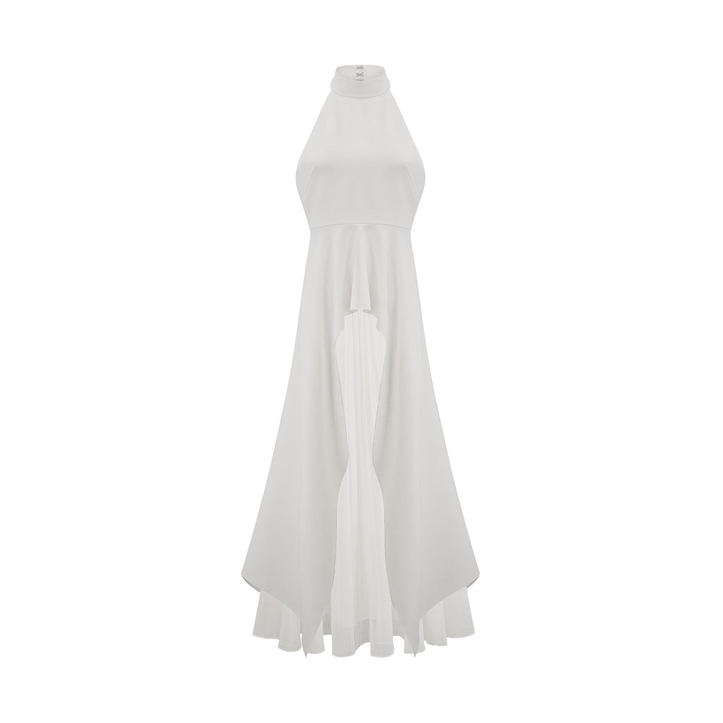 Vestido largo con cuello halter y capas