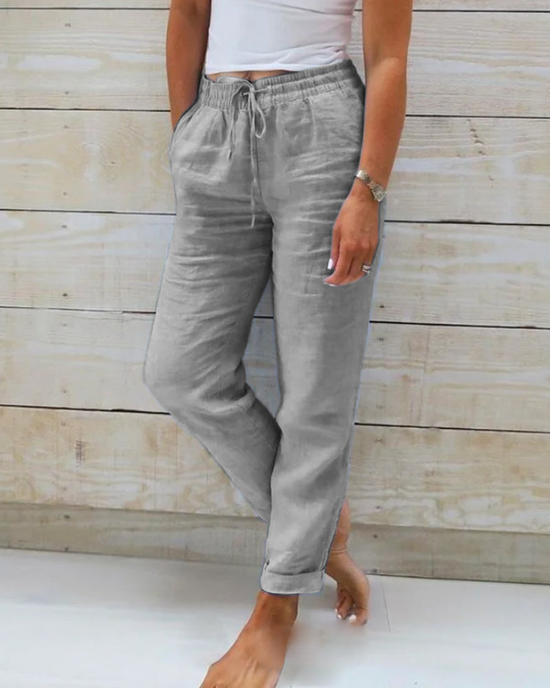 Pantalon droit décontracté en coton et lin