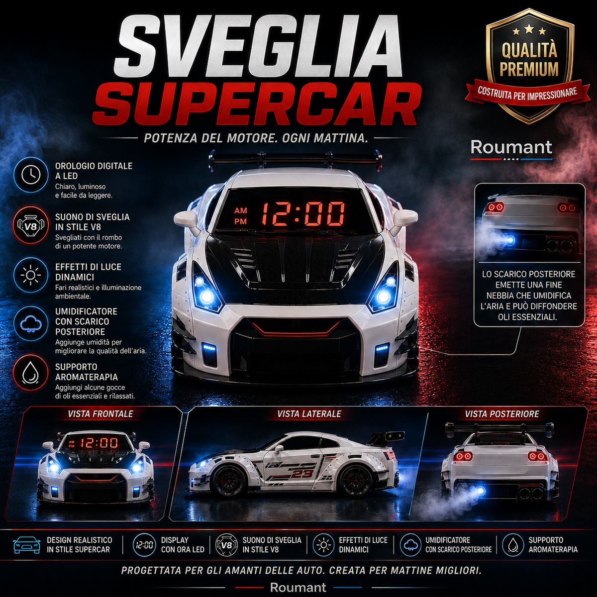 Sveglia auto sportiva con suono del motore V8 e umidificatore