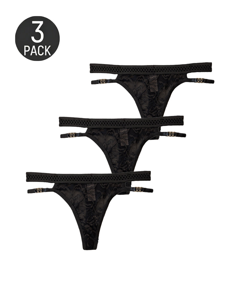 Lot de strings sexy en dentelle et tulle à boucle métallique