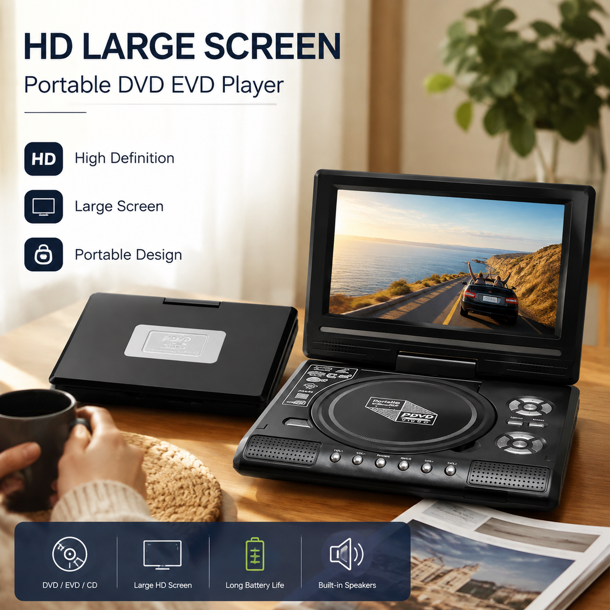 Lecteur DVD portable HD 7,8 pouces rechargeable
