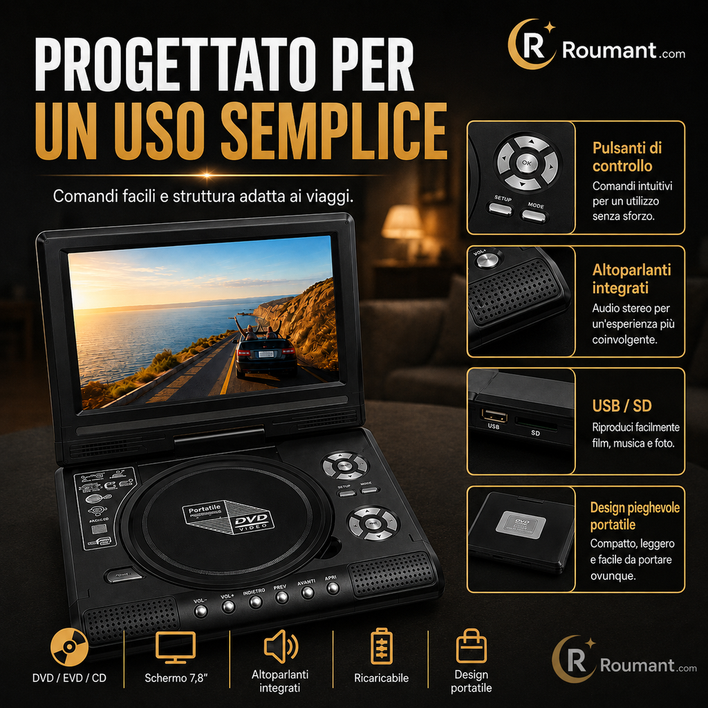 📺 Lettore DVD/EVD portatile HD da 7,8" – Schermo ampio, ricaricabile e compatibile con DVD/CD/USB/SD – Perfetto per casa e in viaggio 🔥 50% DI SCONTO
