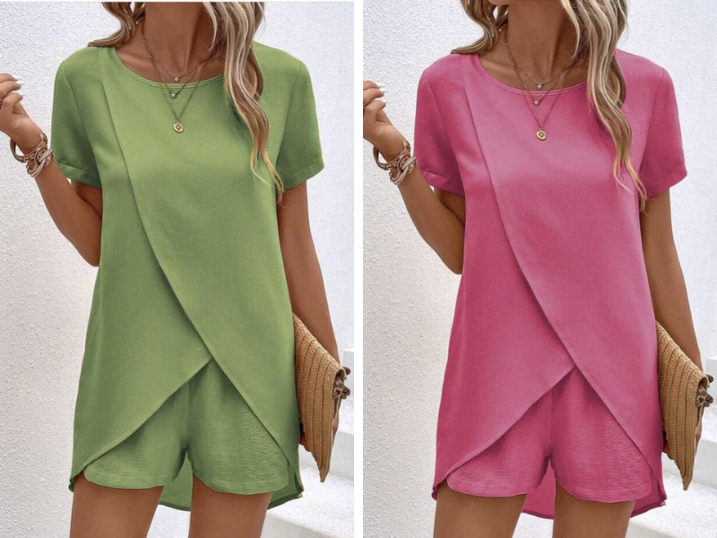 Sett med asymmetrisk hudfarget topp og ensfarget shorts