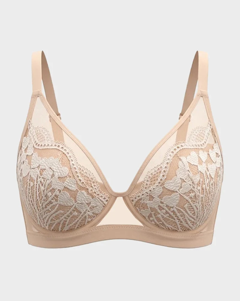 Reggiseno contenitivo da donna con pizzo floreale e scollo a V profondo