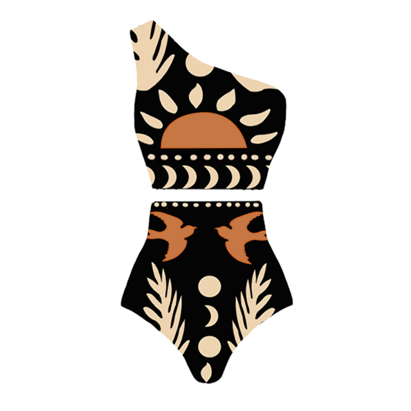 Costume da bagno bikini a spalla scoperta con vita alta e pantaloncini o gonna