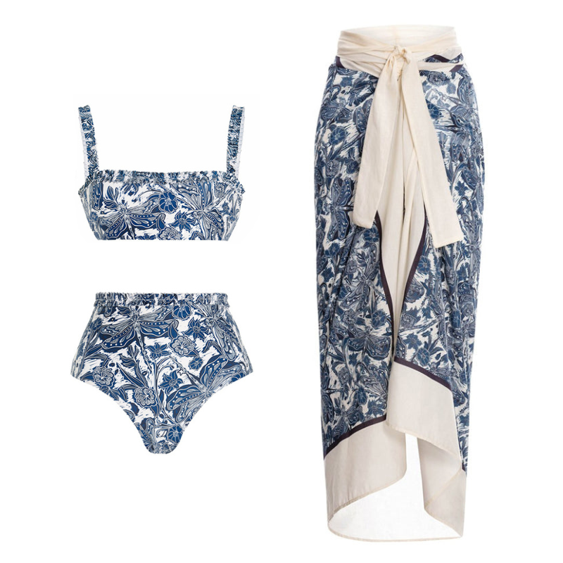Badedrakt og sarong med blått vannliljemotiv