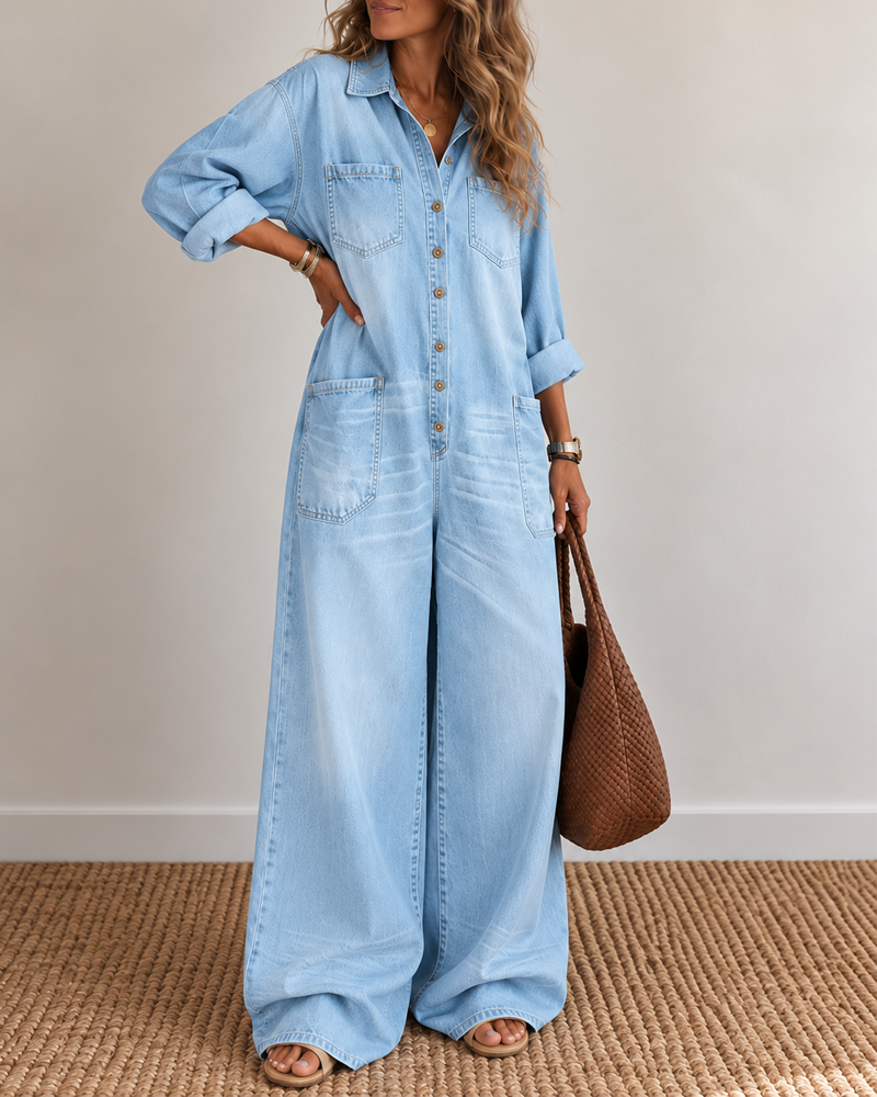 Denim jumpsuit med skjorteknapper og vide ben