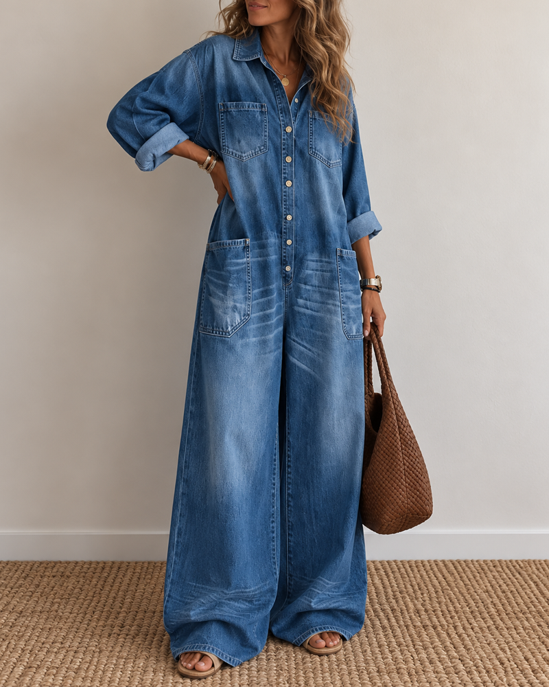 Tuta in denim a camicia abbottonata con gambe larghe