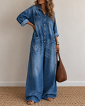 Tuta in denim a camicia abbottonata con gambe larghe