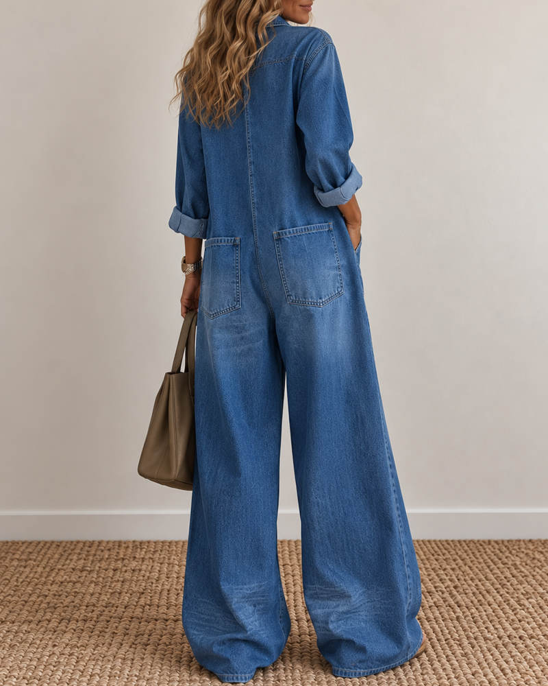 Tuta in denim a camicia abbottonata con gambe larghe