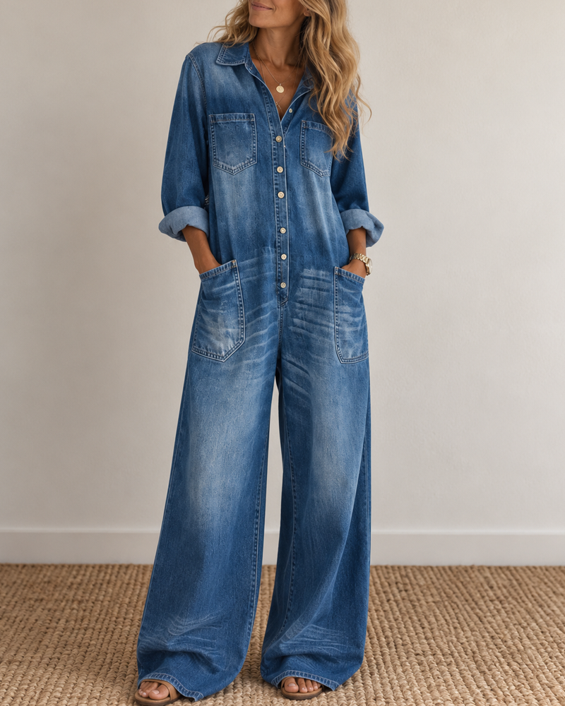 Denim jumpsuit med skjorteknapper og vide ben