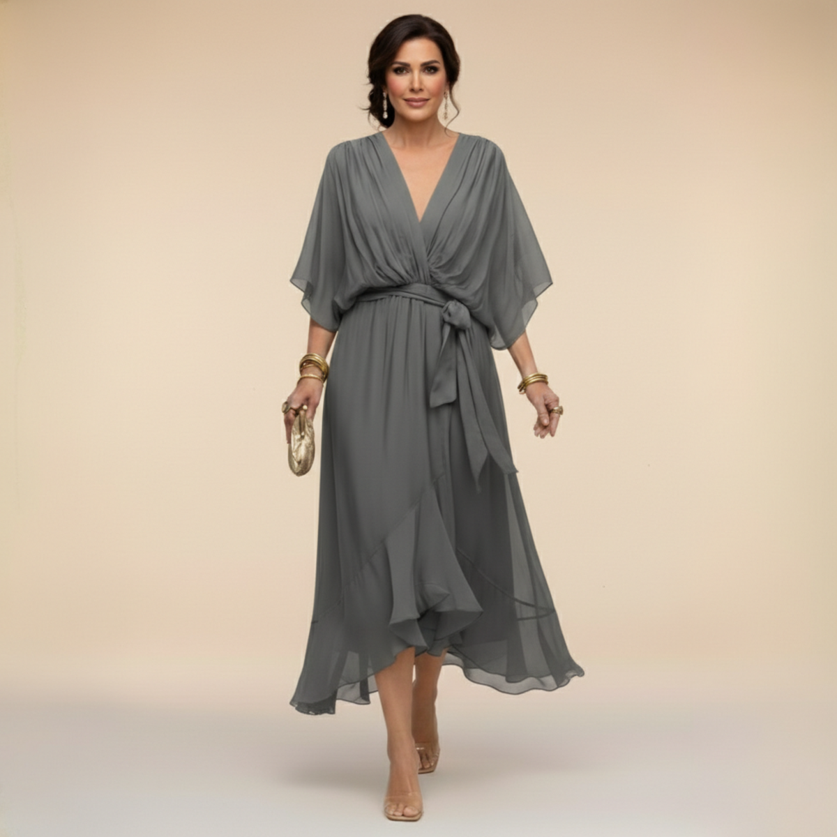 Abito in chiffon con scollo a V