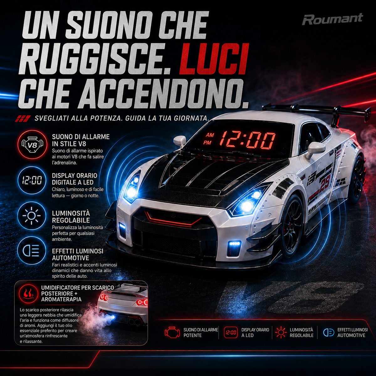 Sveglia auto sportiva con suono del motore V8 e umidificatore