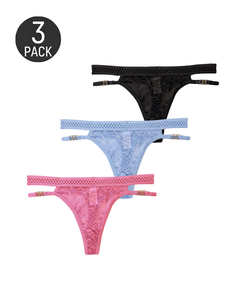 Lot de strings sexy en dentelle et tulle à boucle métallique