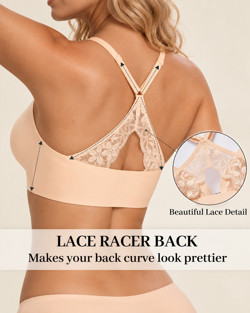 Soutien-gorge sans armatures en gelée à fermeture frontale en V profond et dos en dentelle