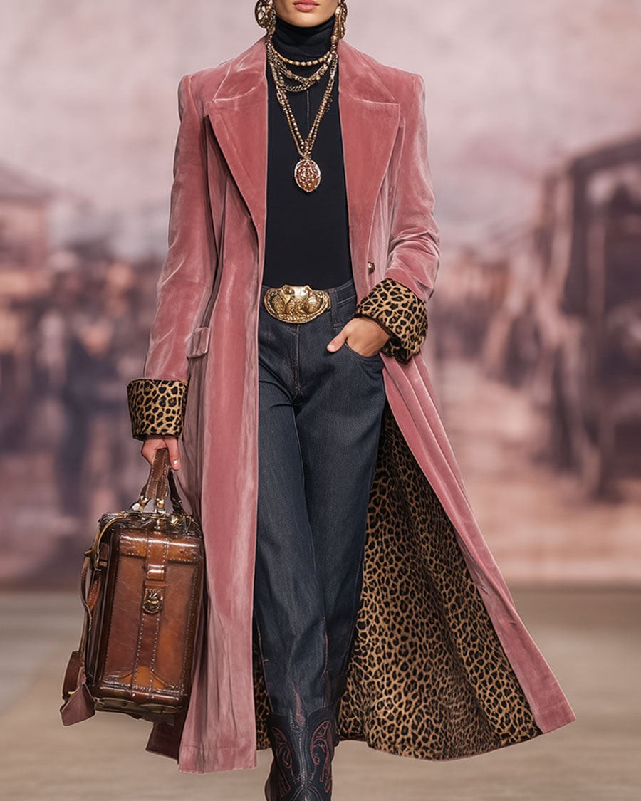 Manteau long en velours avec doublure léopard