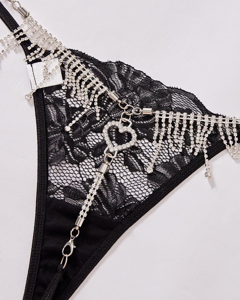 String sexy transparent en dentelle à franges de strass et cœur