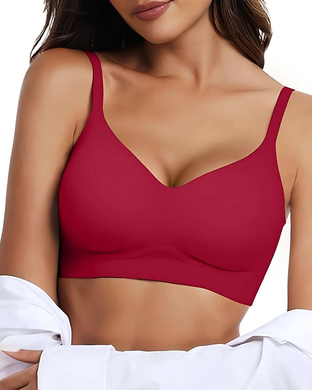 Sujetador tipo top push-up sin costuras y transpirable con escote en V para mujer, con dos almohadillas moldeadoras extraíbles