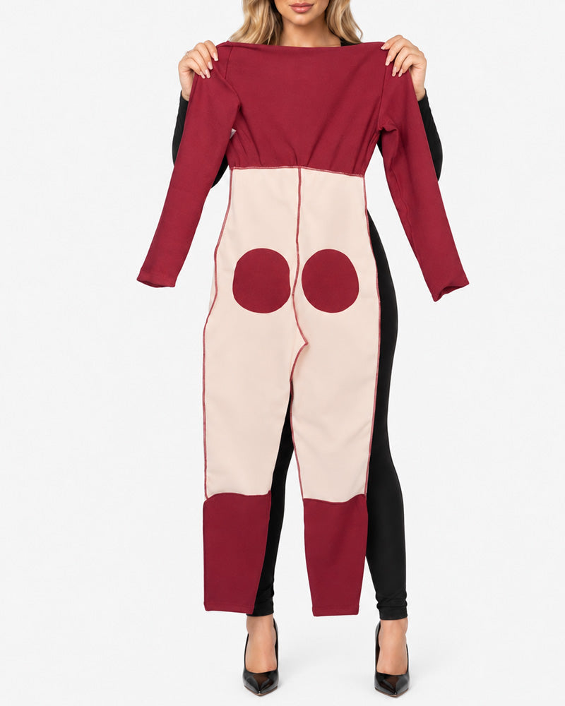 Tuta modellante a maniche lunghe con scollo profondo a V, zip frontale, tessuto altamente elasticizzato, effetto tummy control e slanciaculotte