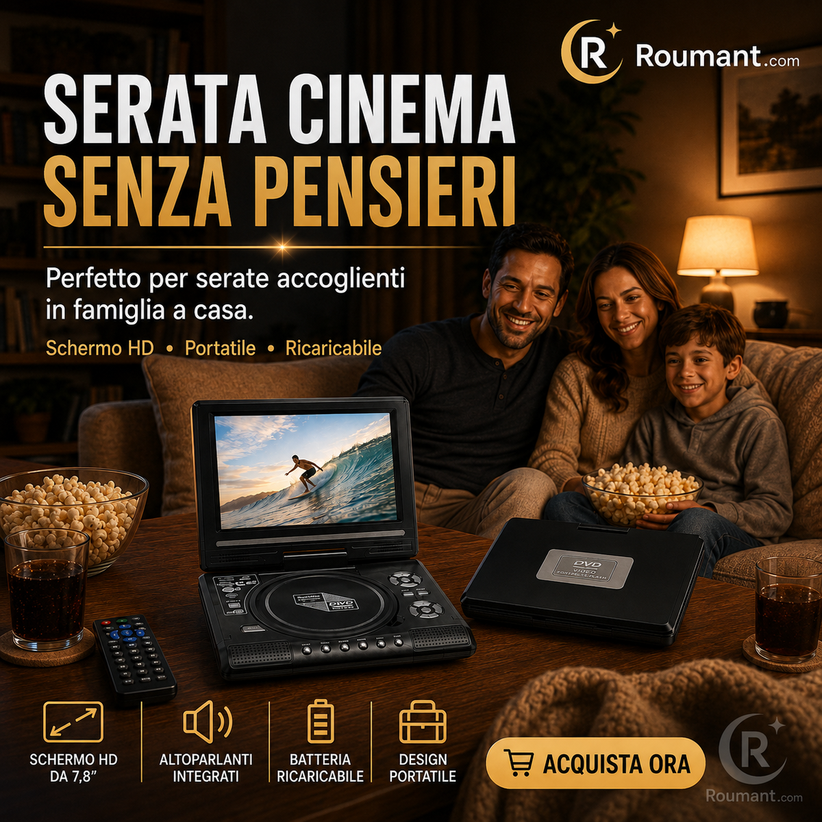 Lecteur DVD portable HD 7,8 pouces rechargeable