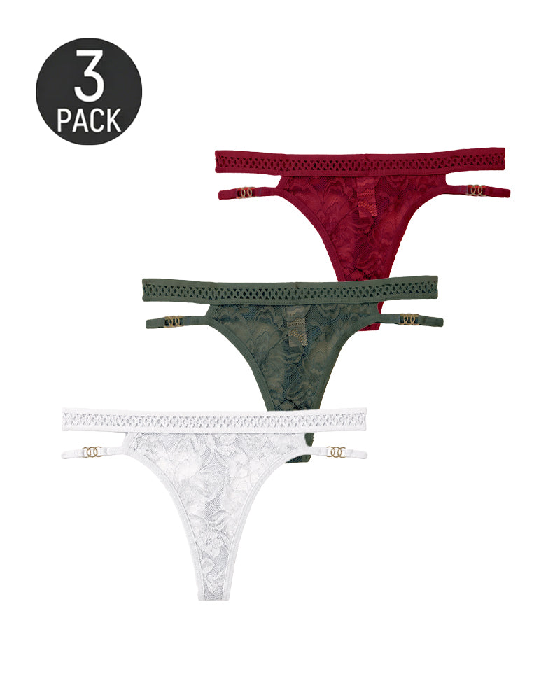 Lot de strings sexy en dentelle et tulle à boucle métallique