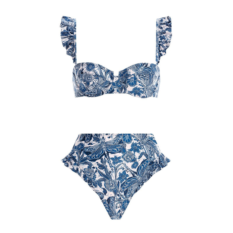 Badedrakt og sarong med blått vannliljemotiv