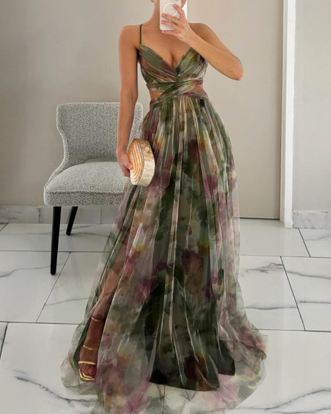 Lang kjole med blomsterprint