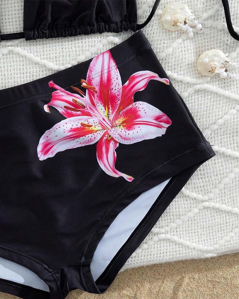 Set bikini a due pezzi stampato con top allacciato al collo e vita alta