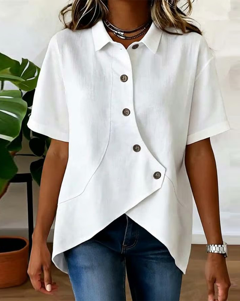 Blusa asimmetrica in cotone e lino con bottoni