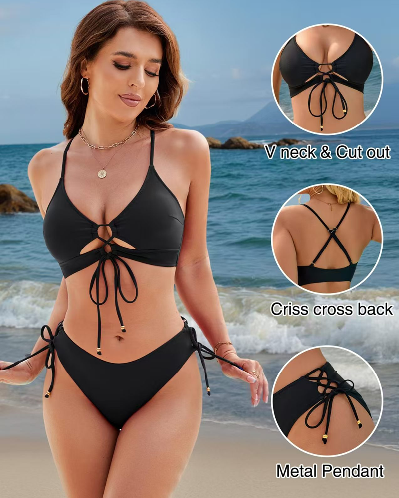 Bikini sexy de dos piezas con tiras y espalda descubierta