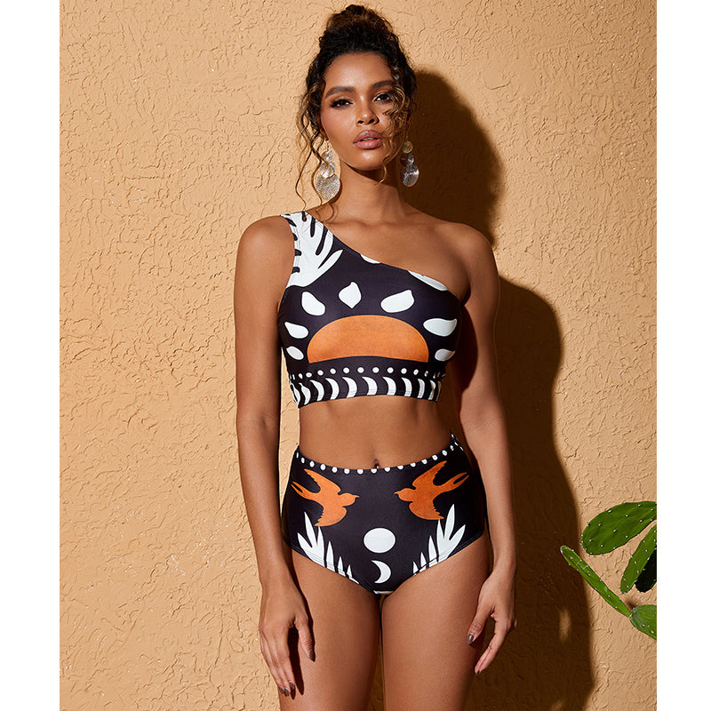 Costume da bagno bikini a spalla scoperta con vita alta e pantaloncini o gonna