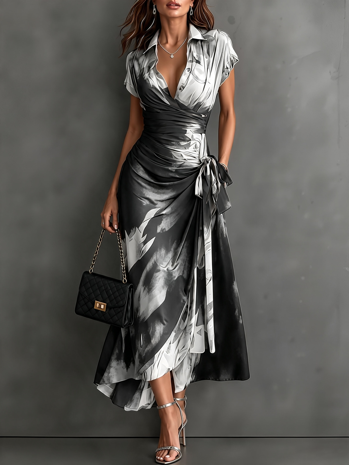 Vestit midi creuat amb estampat abstracte vermell i negre