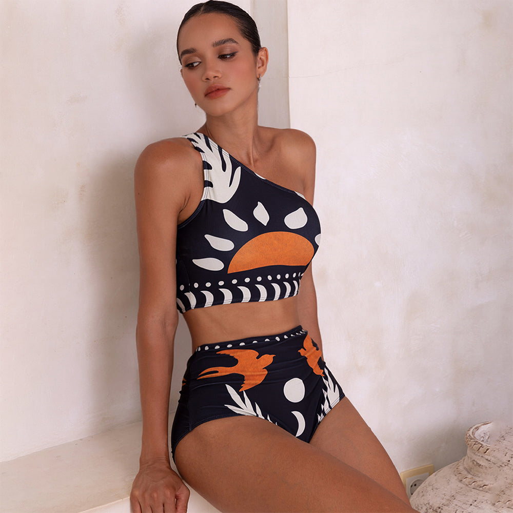 Costume da bagno bikini a spalla scoperta con vita alta e pantaloncini o gonna