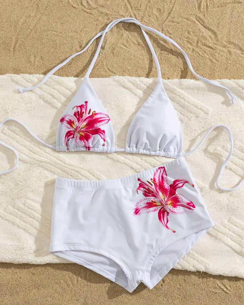 Set bikini a due pezzi stampato con top allacciato al collo e vita alta