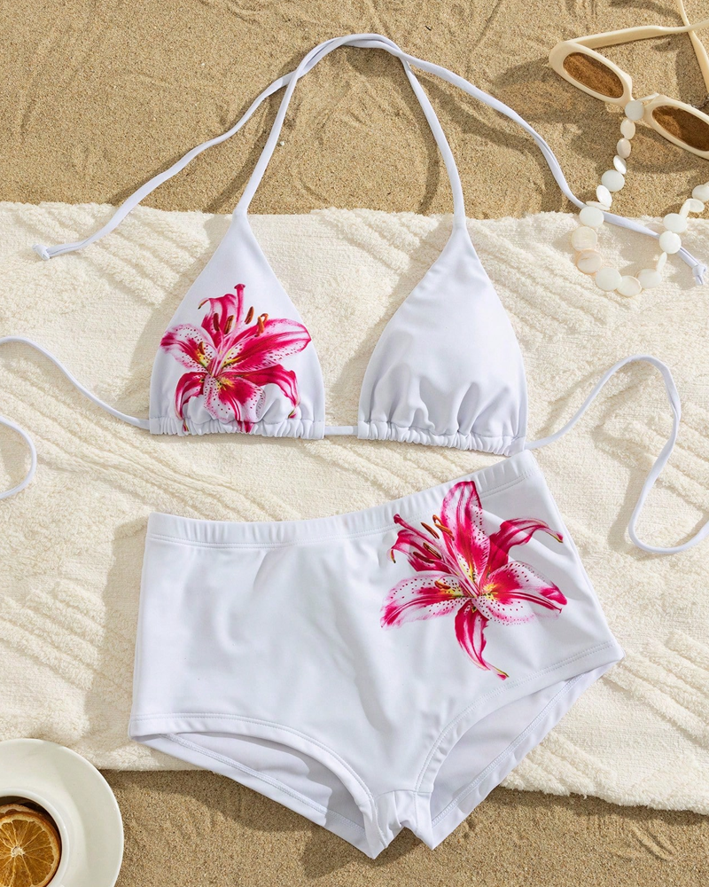 Set bikini a due pezzi stampato con top allacciato al collo e vita alta