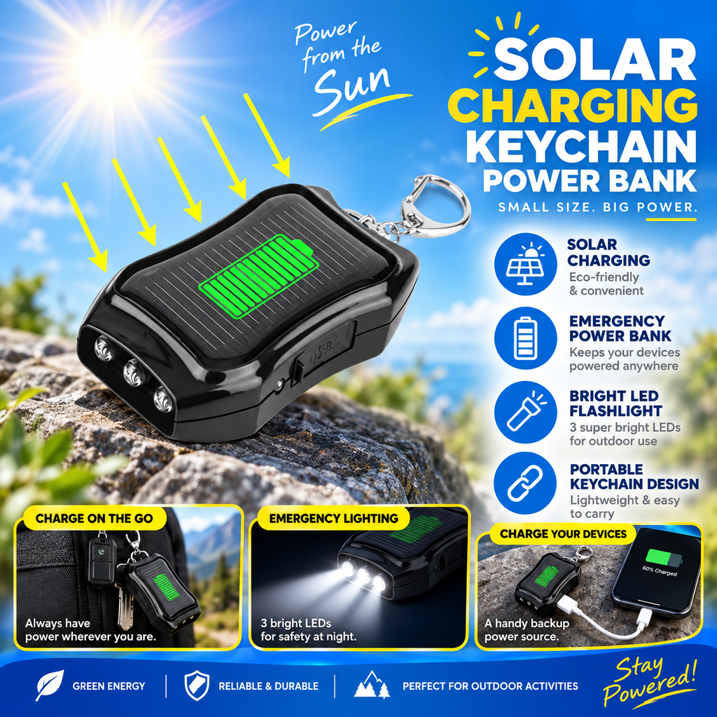 ☀️ ¡50% DE DESCUENTO AHORA! Batería externa solar portátil de 1200mAh con llavero y linterna LED