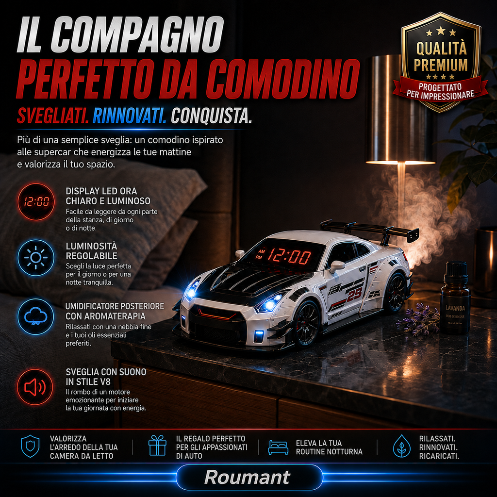 Sveglia auto sportiva con suono del motore V8 e umidificatore