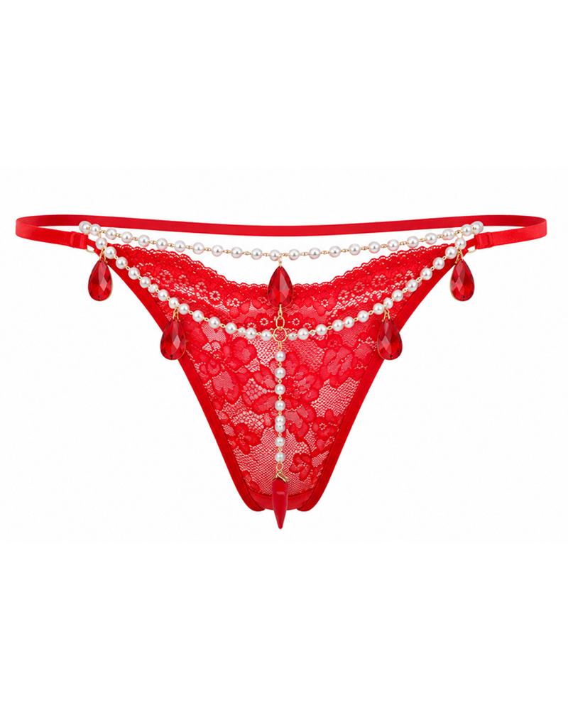 String sexy en dentelle rouge à chaîne de perles et strass