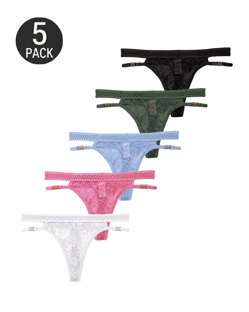 Lot de strings sexy en dentelle et tulle à boucle métallique