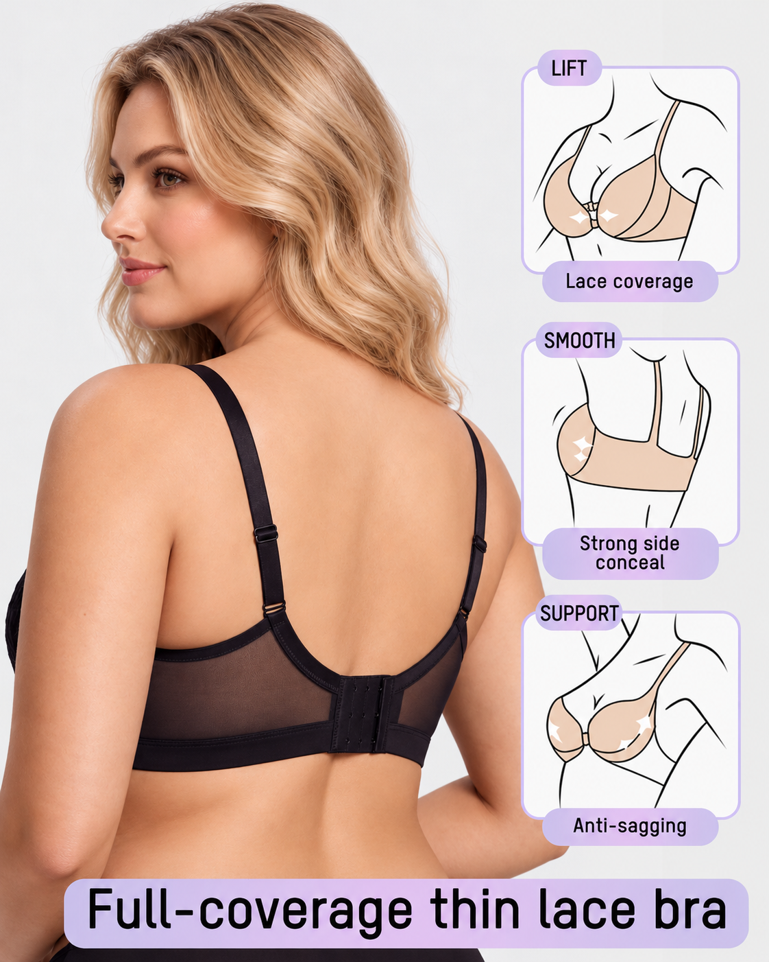 Reggiseno contenitivo da donna con pizzo floreale e scollo a V profondo