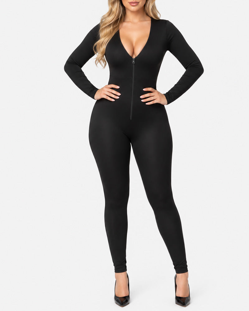 Tuta modellante a maniche lunghe con scollo profondo a V, zip frontale, tessuto altamente elasticizzato, effetto tummy control e slanciaculotte