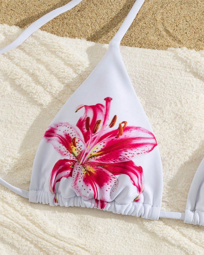 Set bikini a due pezzi stampato con top allacciato al collo e vita alta