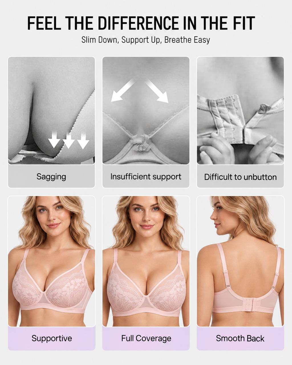 Reggiseno contenitivo da donna con pizzo floreale e scollo a V profondo