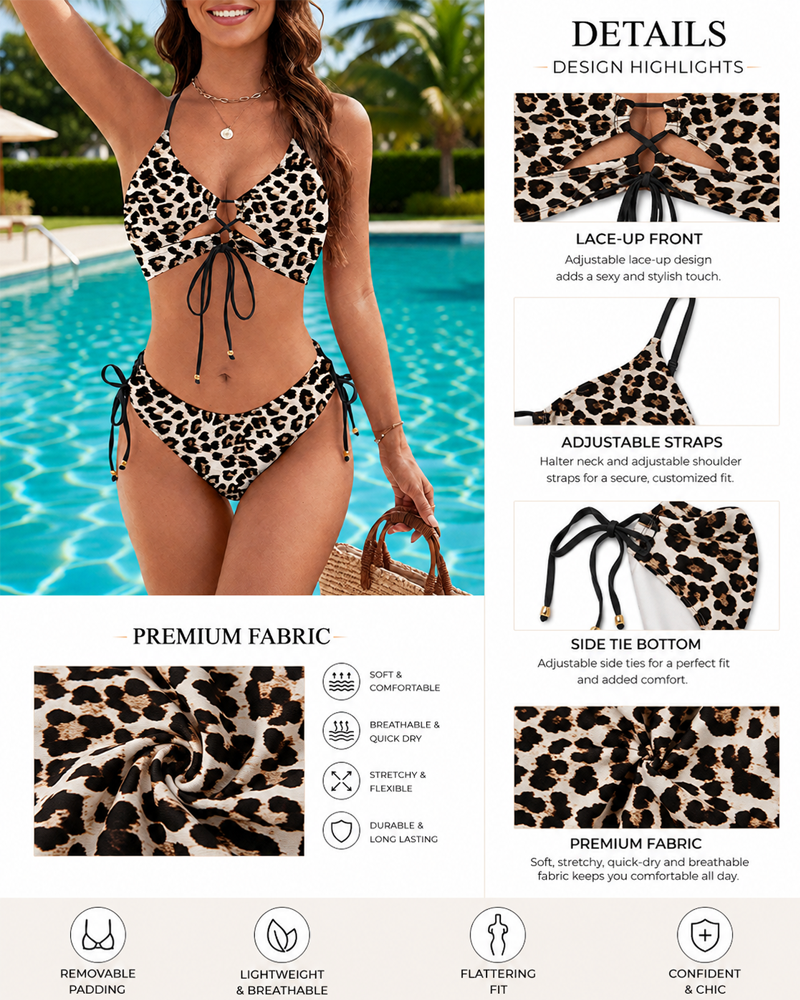 Bikini sexy de dos piezas con tiras y espalda descubierta