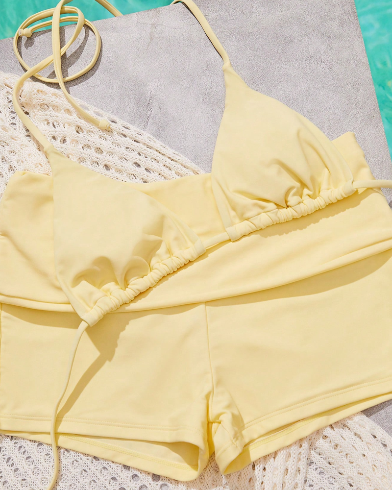 Set bikini due pezzi da resort tinta unita con scollo all'americana da donna