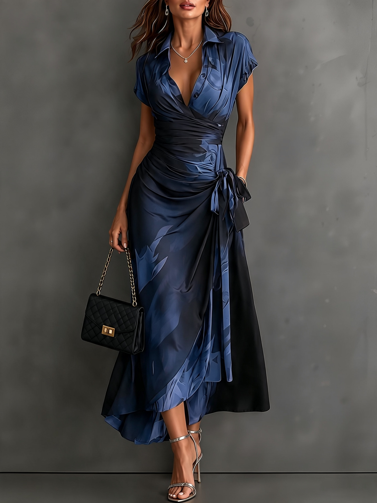 Vestit midi creuat amb estampat abstracte vermell i negre
