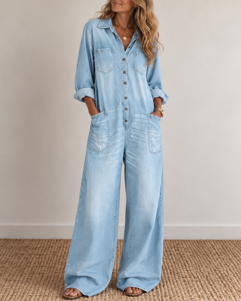 Tuta in denim a camicia abbottonata con gambe larghe
